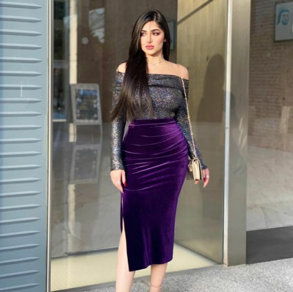 Off-Shoulder Shimmer Top with Purple Velvet Pencil Skirt